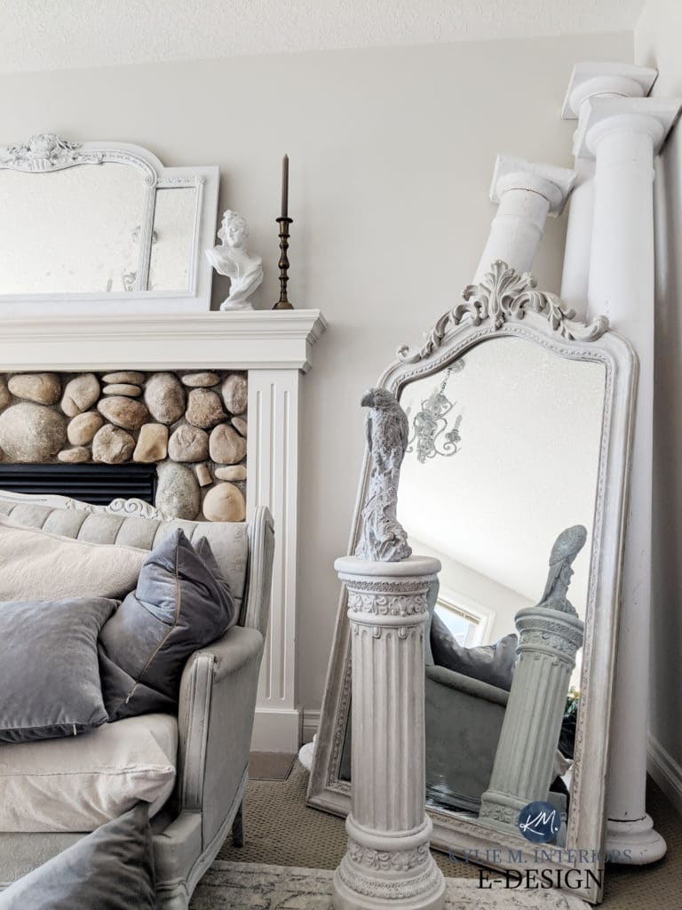 Stone river rock fireplace. Romantic style living room decor. Benjamin Moore Classic Gray. Kylie M Interiors Edesign