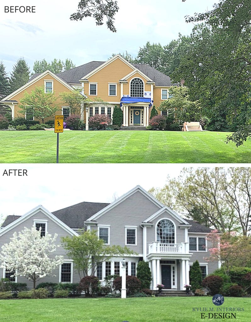 Before and after exterior paint colour. Best warm gray neutral, Sherwin Fawn Brindle. Kylie M Interiors Edesign, online paint color advice and blogger