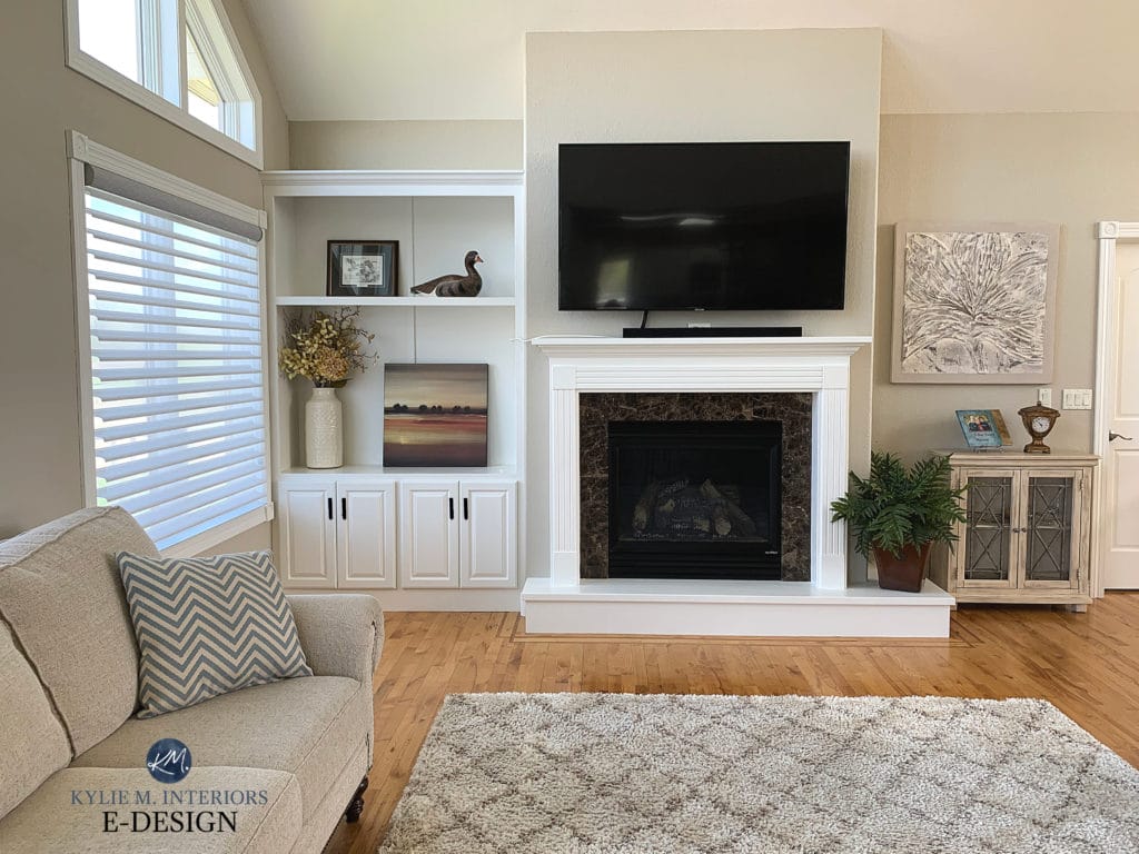 Best neutral beige, tan paint colour, Sherwin Sandbar. Living room, built-ins, fireplace, vaulted ceiling, Alabaster trim. Kylie M Interiors Edesign