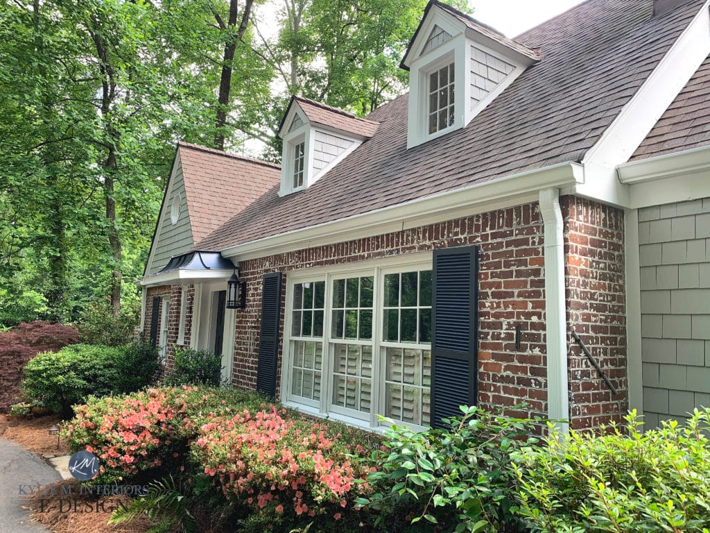 Exterior, shakes, shutters. Sherwin Williams best gray, Knitting Needles, Wrought Iron and Pure White trim with dormer windows. Kylie M Interiors Edesign, online paint color advice