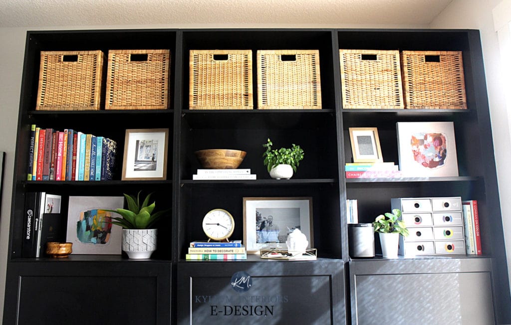 Painted black built in bookcases and cabinets. Home decor, books and accessories. Kylie M Interiors Edesign, online paint color consulting and diy decorating advice blog
