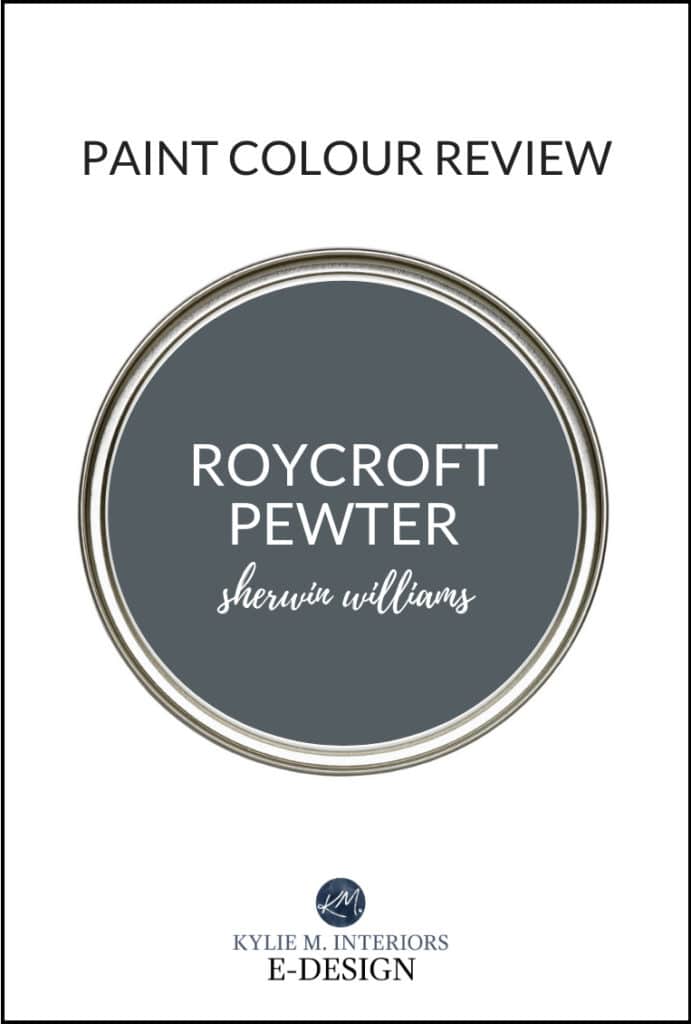 Review, Sherwin Williams Roycroft Pewter, dark gray paint color for exterior, feature wall, painted cabinets. Kylie M Interiors Edesign, online diy advice blogger