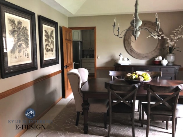 Tony Taupe in dining room, best neutral beige brown paint colour. Dark wood trim. Kylie M Interiors Edesign, online paint colour and advice blog diy 