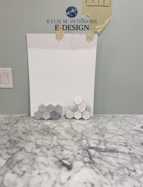 White paint colours with marble backsplash and countertop. Kylie M Interiors Edesign, online paint colour consulting and advice blogger 