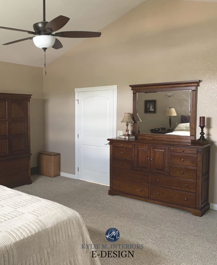 Best beige paint colour, Sherwin Williams Nomadic Desert, beige carpet, dark wood furniture in bedroom. Kylie M Interiors Edesign, top virtual color consultant and diy decorating ideas blogger (4)