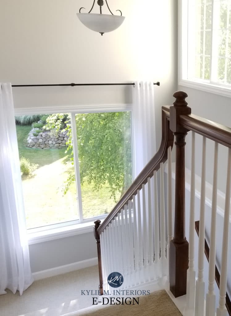 Best gray paint colour, Benjamin Moore Gray Owl, lightened, beige tan carpet, white and wood stair railing. Kylie M Interiors Edesign, online popular paint color expert and diy decorating blogger (2)