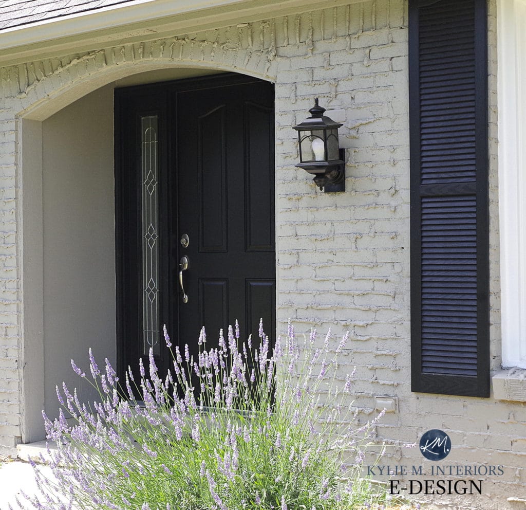Exterior textured thick stucco, Sherwin Williams Dorian Gray, Extra White, Tricorn Black front door and shutters. Kylie M Interiors Edesign, online paint color expert and diy decorating blogger (2)