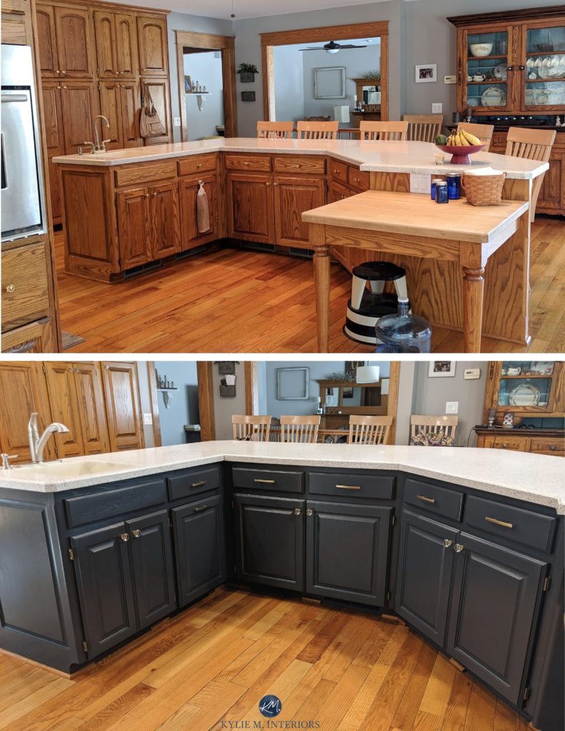 Ideas to update wood oak cabinets with island. Painted island in navy blue Cyberspace. Kylie M Interiors Edesign, online paint colour expert and diy decorative advice blogger