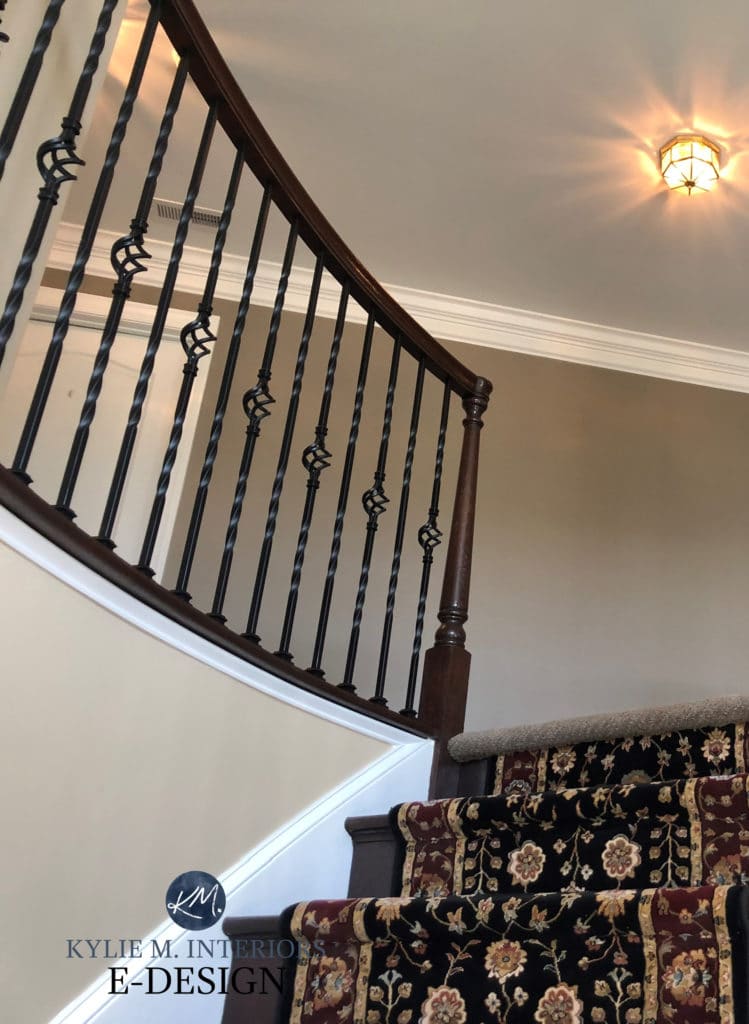 Kingsport Gray, Bleeker Beige, stairs, traditional runner, wood railing. Kylie M Interiors Edesign, online paint color consultant and diy decorating ideas expert (2)