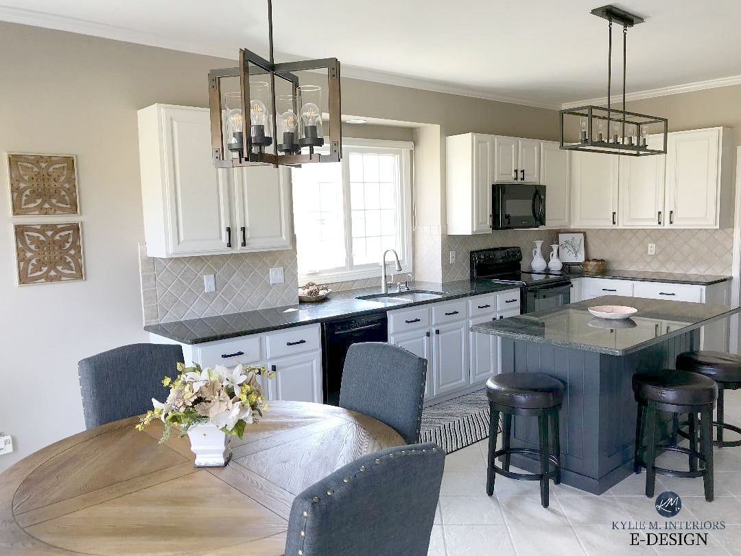 Kitchen update ideas, painted maple cabinets, off-white, green granite, beige tile. Black island. Kylie M Interiors Edesign, Sherwin Williams Balanced Beige walls