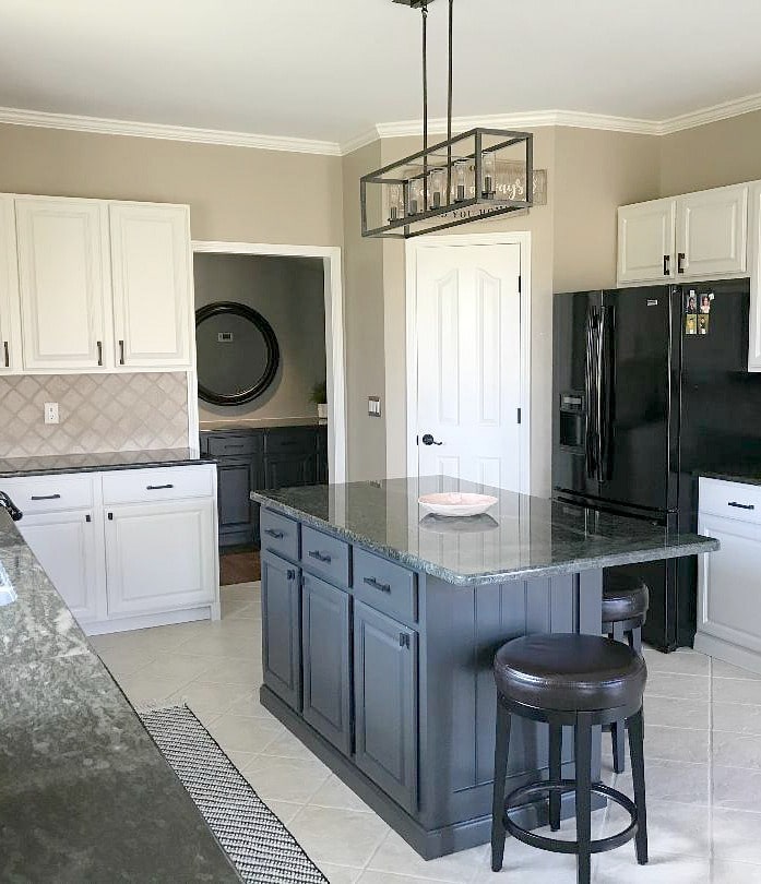 Kitchen update ideas. Black appliances, green granite, off-white ...