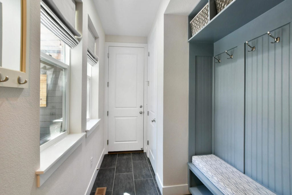 Mudroom, builtin bench Benjamin Moore Cloudy Sky. Home update ideas. Kylie M Interiors Edesign