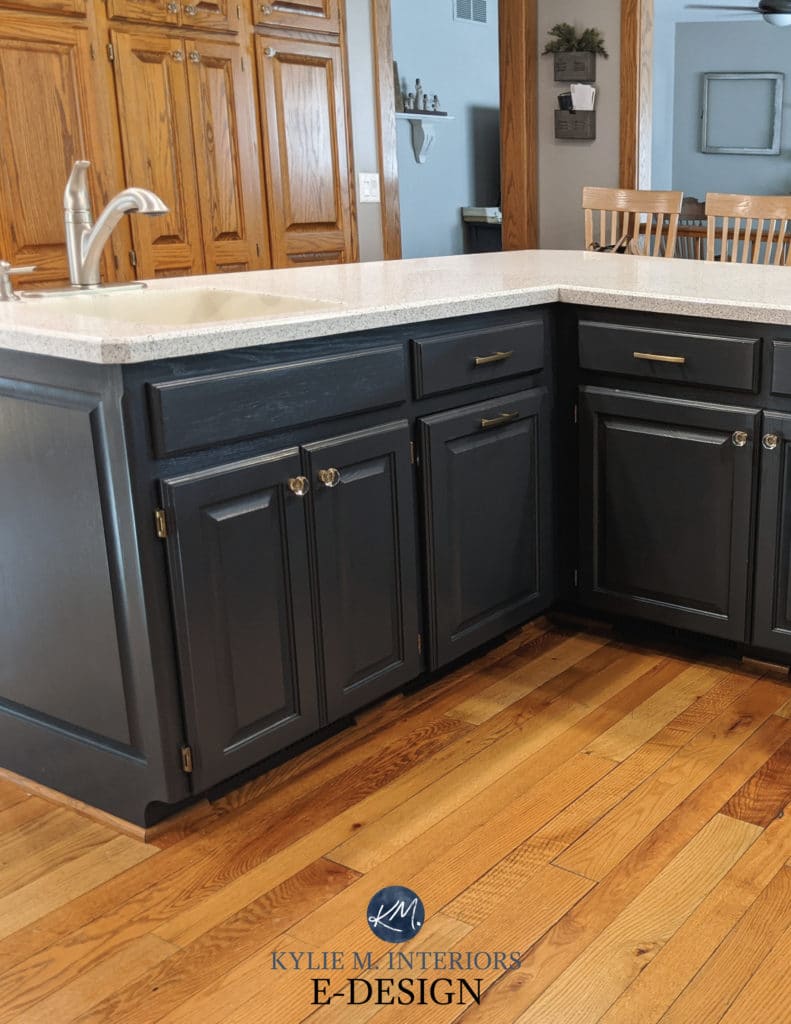 Oak wood kitchen cabinets update ideas painted island in Sherwin Williams Cyberspace, brass hardware, oak flooring. Kylie M Interiors Edesign, online paint colour expert decorating blogger (3)