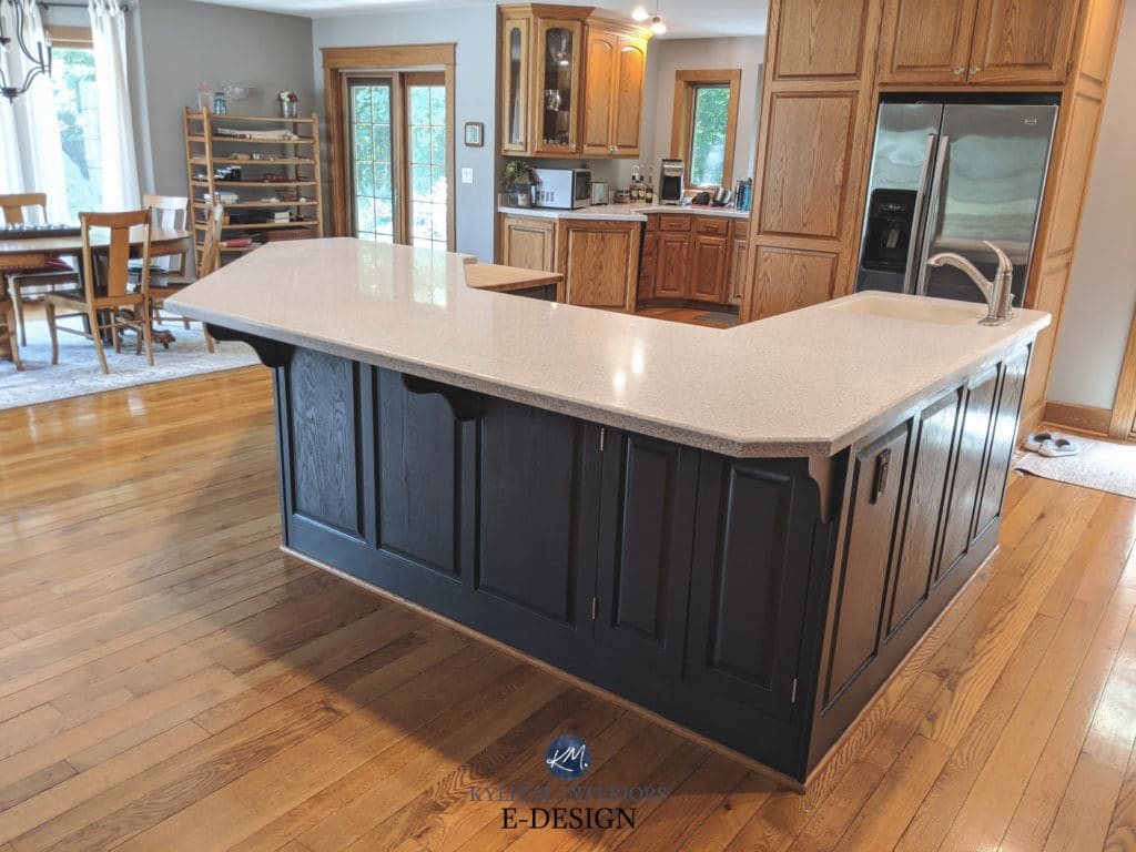 Oak wood kitchen cabinets update ideas painted island in Sherwin Williams Cyberspace, brass hardware, oak flooring. Kylie M Interiors Edesign, online paint colour expert decorating blogger (8)