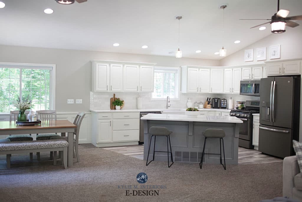 Oak wood painted cabinets, Benjamin Moore White Dove, island Dovetail