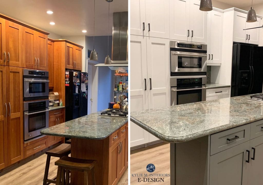Painted maple, cherry wood kitchen cabinets in Benjamin Moore Chantilly Lace, Amherst Gray, green granite. Black appliances. Kylie M Interiors Edesign