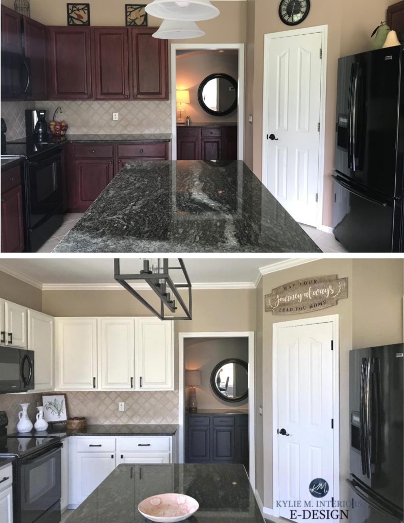 Painted maple or cherry cabinets before and after. Sherwin Aesthetic White, granite counters. Kylie M Interiors Edesign, online paint colour consulting and virtual diy decorating advice blogger (2)