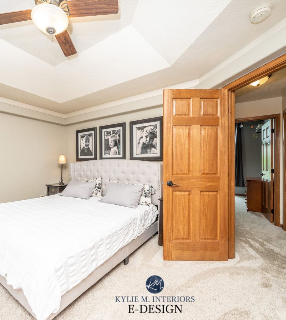 Sherwin Williams Canvas Tan, home staging ideas bedroom. Dark wood trim, beige carpet. Kylie M Interiors Edesign, online paint color advice