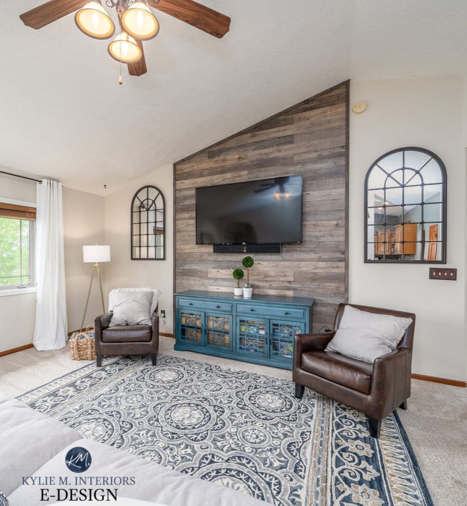 Sherwin Williams Canvas Tan, rustic wood feature wall behind tv, vaulted ceiling. Home staging ideas. Kylie M Interiors Edesign, paint colour advice (1)