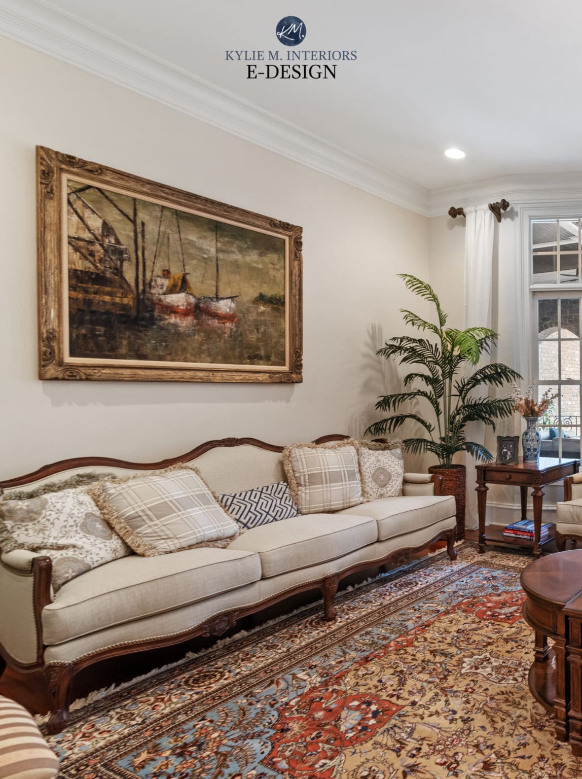 Traditional, formal style living or family room. Beige sofas. Sherwin