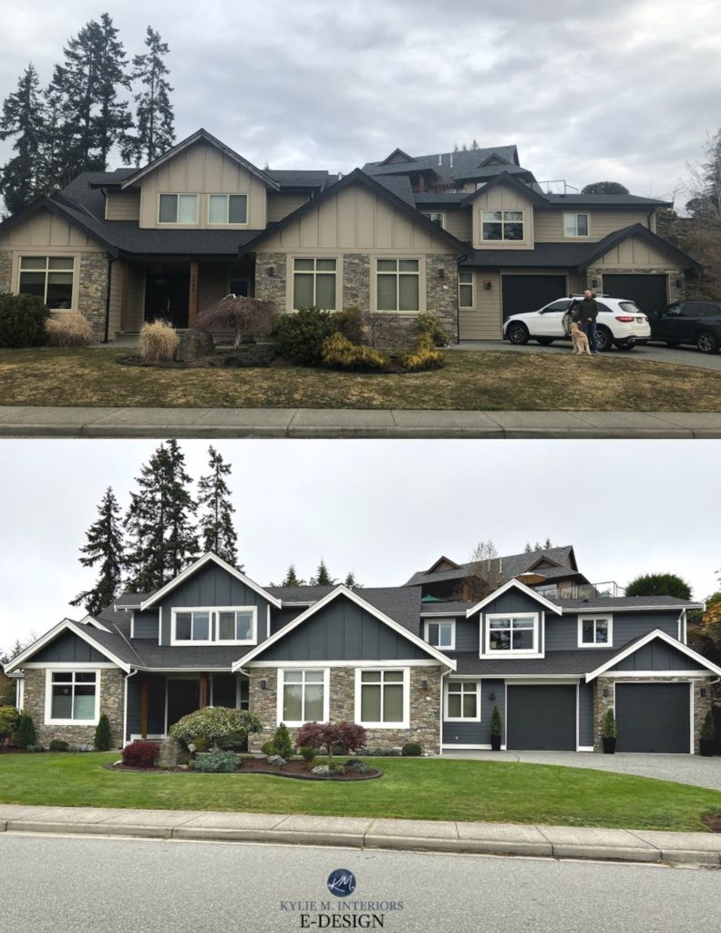 Before and after exterior, Sherwin Williams Roycroft Pewter, stone, white trim, dark gray like Iron Gray Hardie. Kylie M Interiors Edesign, online paint color consulting