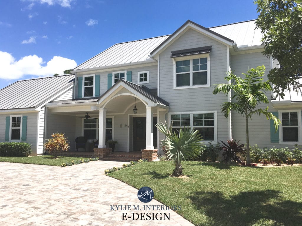 Exterior siding painted Benjamin Moore Gray Owl, white trim, teal blue green shutters, grey metal roof. Kylie M Interiors Edesign, online paint color expert (1)