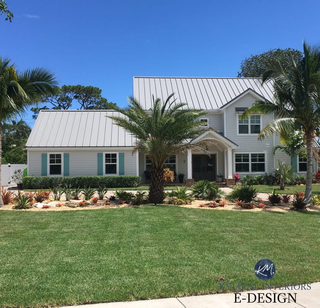 Exterior siding painted Benjamin Moore Gray Owl, white trim, teal blue green shutters, grey metal roof. Kylie M Interiors Edesign, online paint color expert