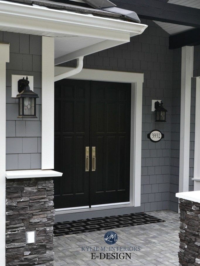 Gray painted exterior, gray brick, black stone. white trim, black front Door. Kylie M Interiors Edesign, online paint colour and virtual color advice blogger