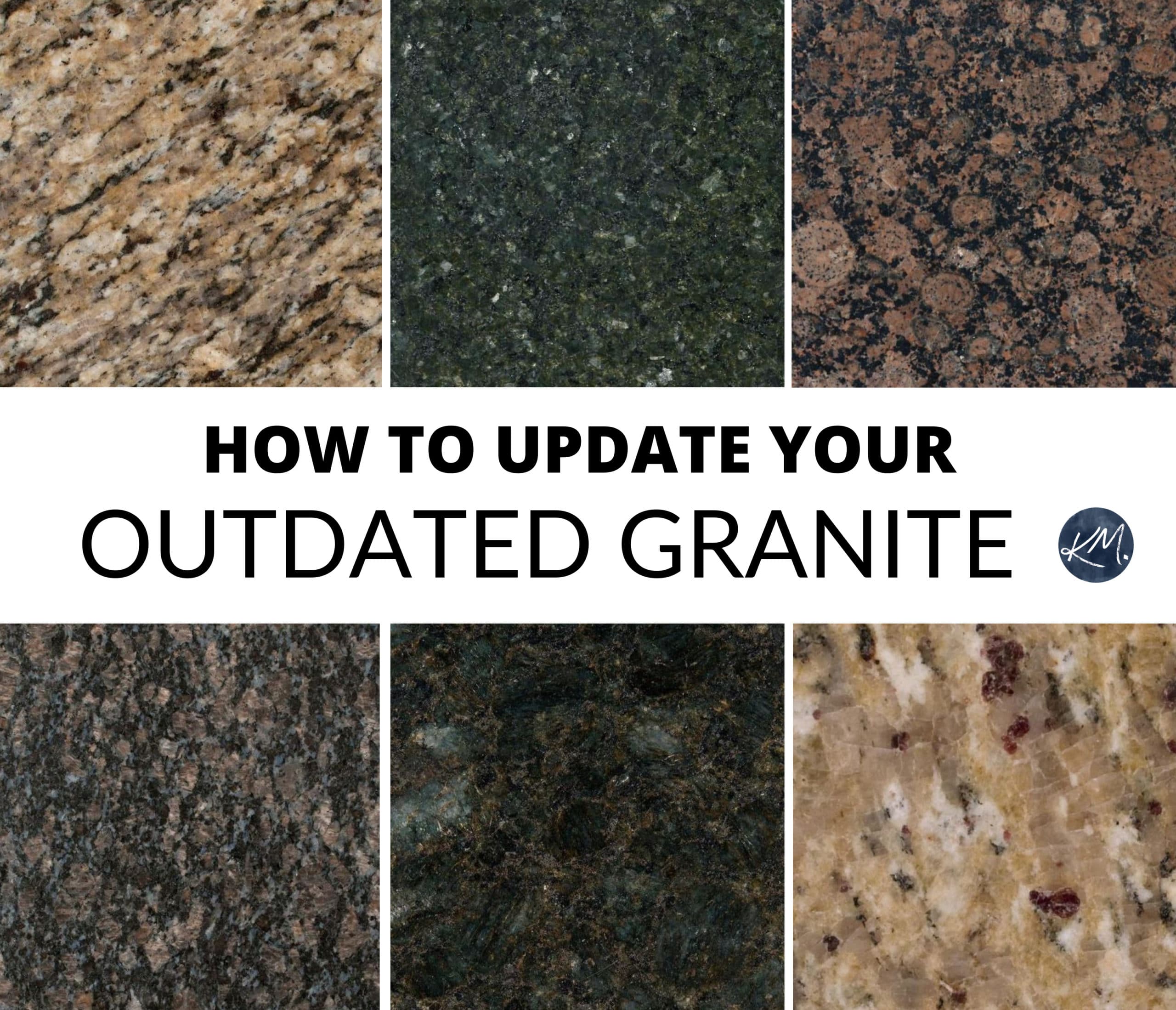 Ideas to update outdated old granite countertops. Kylie M Interiors. Paint colour, backsplash. Uba tuba, Cecilia, Baltic Brown, Sapphire Blue and more