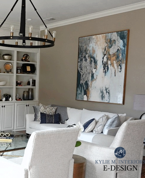 Sherwin Williams Tony Taupe, off-white sofa and chairs. Living room, Kylie M Interiors Edesign