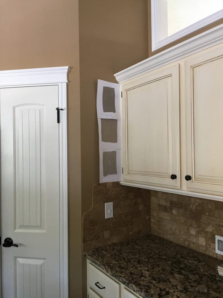 Cream cabinets with a glaze on them, what paint colours look best. Kylie M Interiors. Similar to Sherwin Williams Antique White