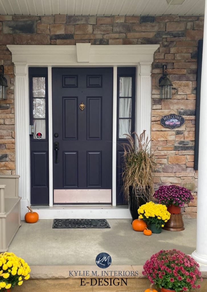 Front door painted dark purple, stone exterior, sidelights and white trim. Kylie M Interiors Edesign, Sherwin Williams paint colour