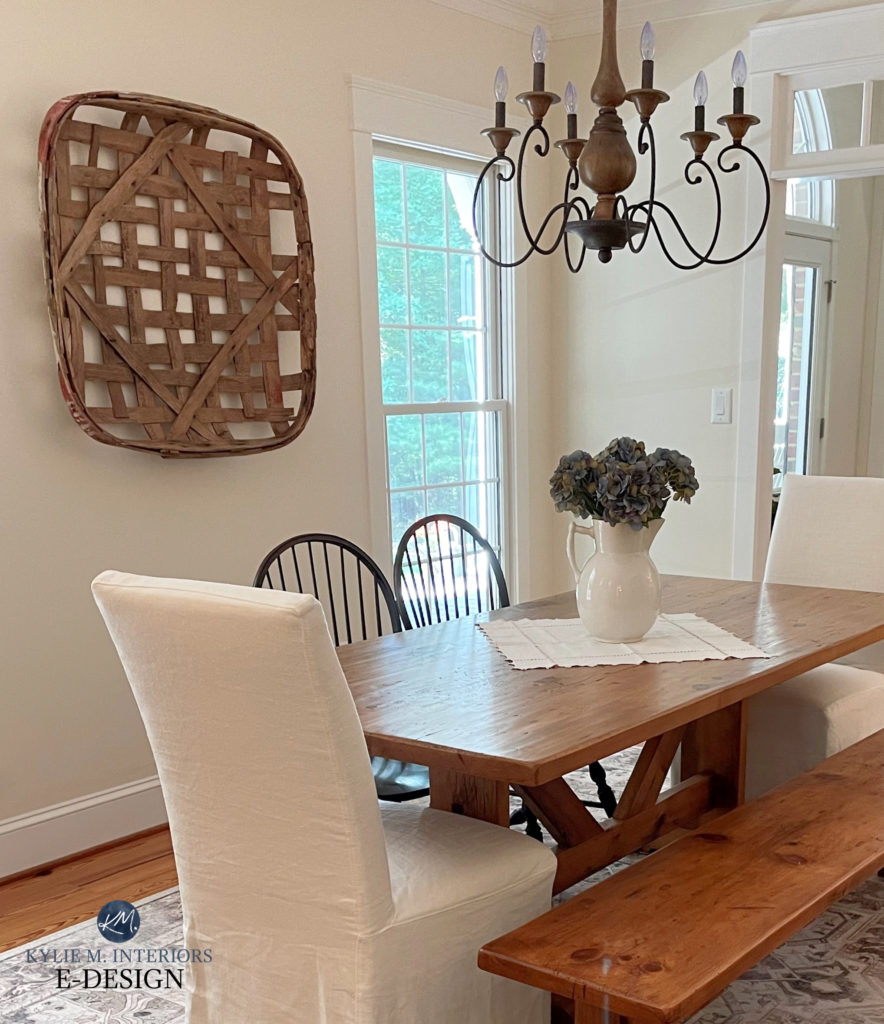 Modern farmhouse style country dining room. best cream paint colour, Benjamin Moore Navajo White. Kylie M.