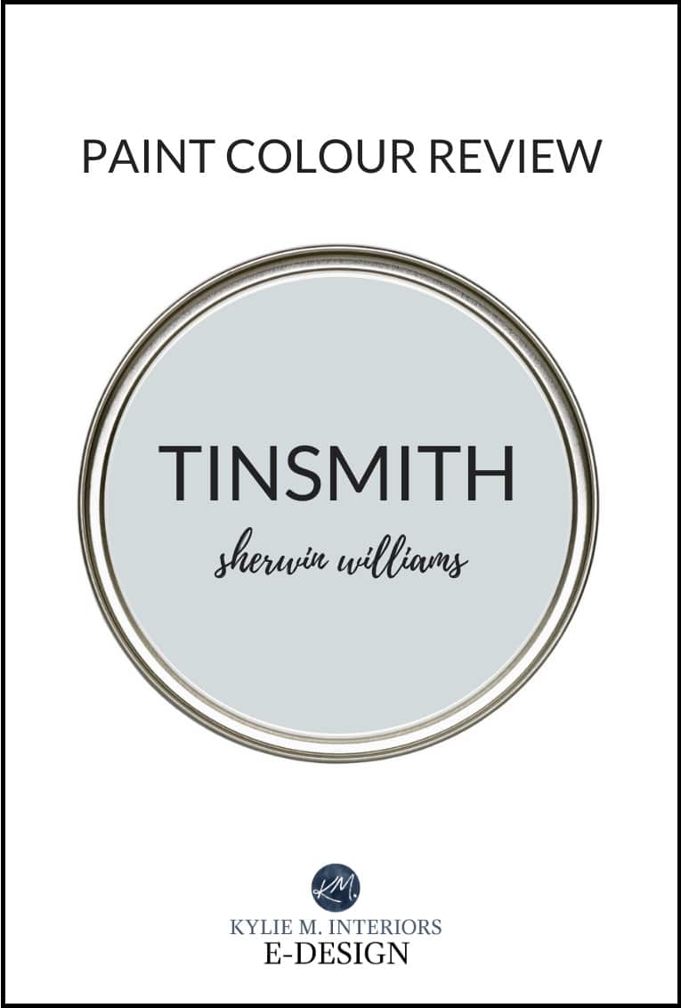 Review, most popular cool gray paint colour, Sherwin Williams Tinsmith. Kylie M Interiors Edesign, online paint color expert, diy decorating advice blogger
