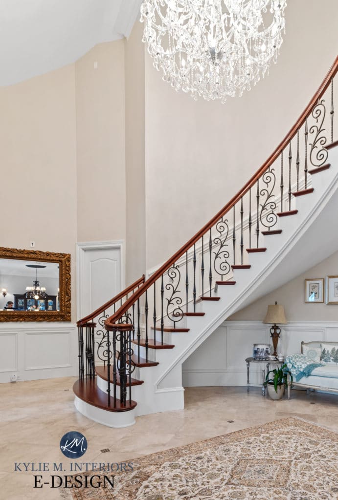 Sherwin Williams Natural Tan, Alabaster trim, traditional formal staircase with travertine tile floor. Kylie M Interiors edesign, popular beige and tan paint colors