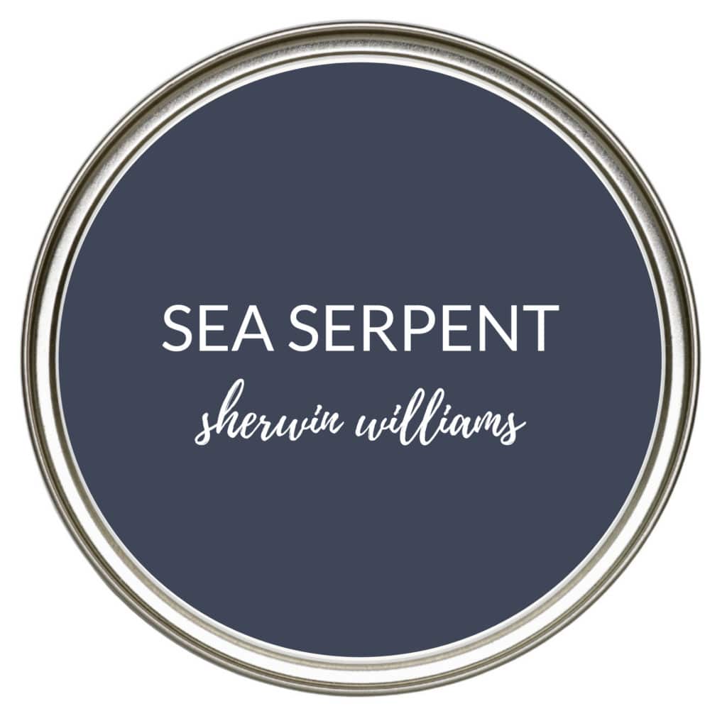 Sherwin Williams Sea Serpent. Popular navy blue paint colour for your kitchen island, cabinets, bathroom vanities, front door. Kylie M Interiors Edesign.