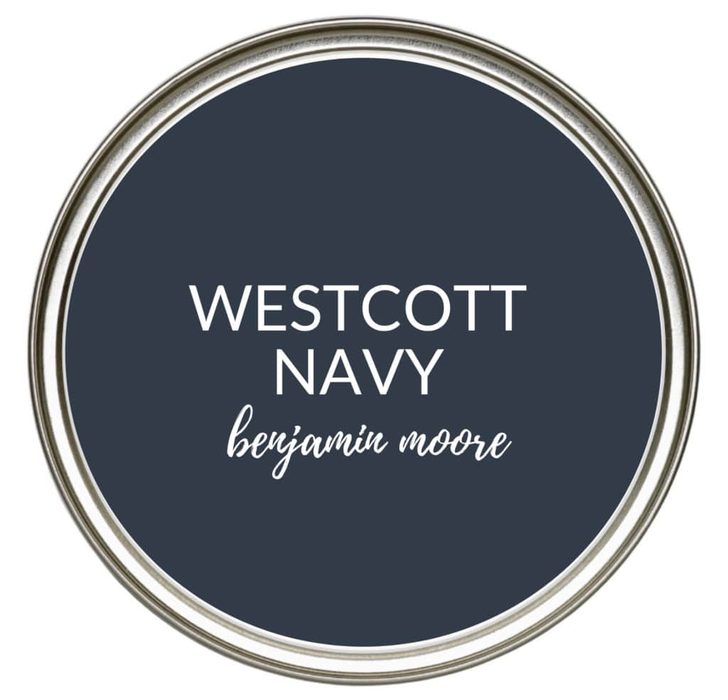 The most popular navy blue paint colors for bathroom vanity, kitchen cabinets, lowers or island. Benjamin Moore Westcott Navy. Kylie M Interiors Edesign