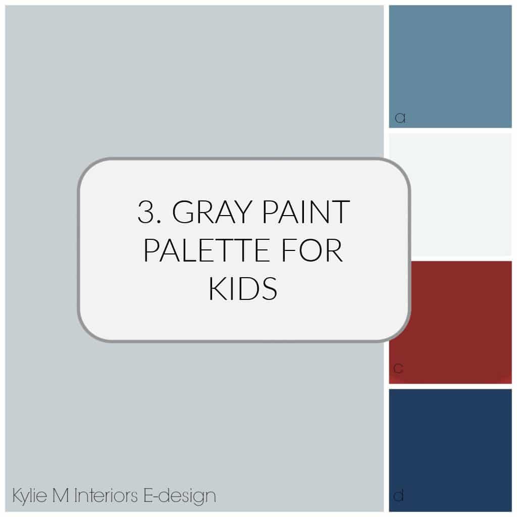 paint colour palette, gray ideas with accent colours for kids nursery or bedroom. Kylie M Interiors Edesign