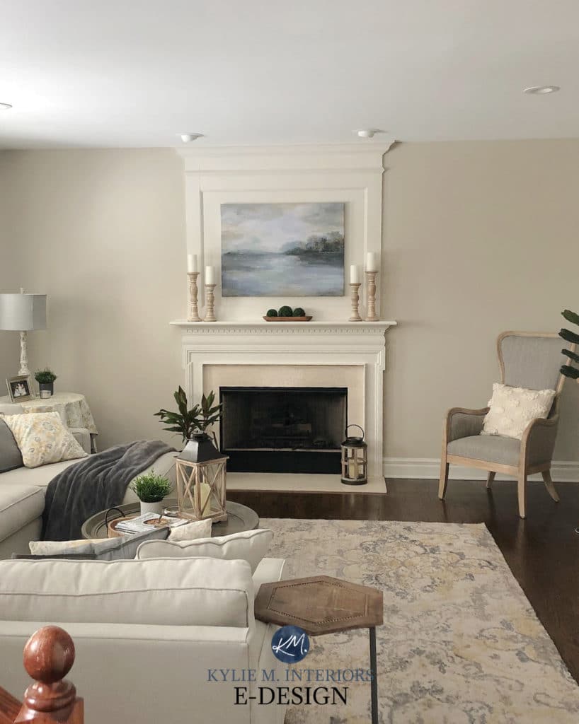 Benjamin Moore Edgecomb Gray, best greige, taupe paint colour. Living room, cream trim and fireplace surround. Transitional style. Kylie M Interiors Edesign