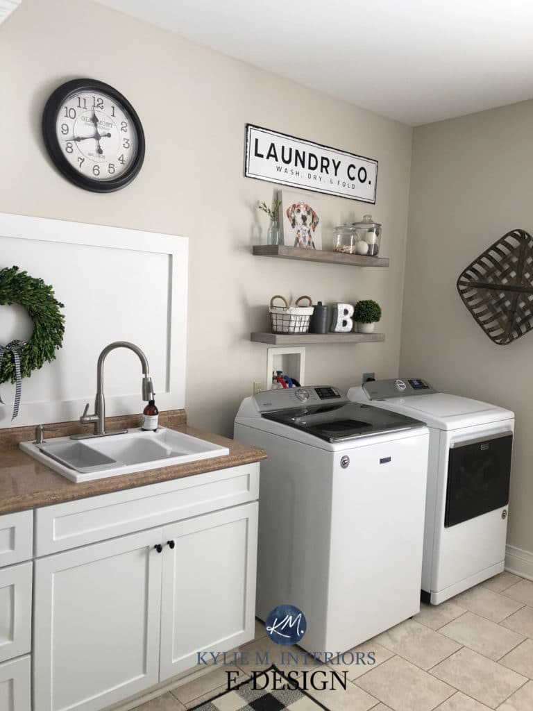 Laundry room, white washer dryer, beige tile and brown countertop. Benjamin Moore Edgecomb Gray best greige paint colour. Kylie M Interiors Edesign, diy advice,
