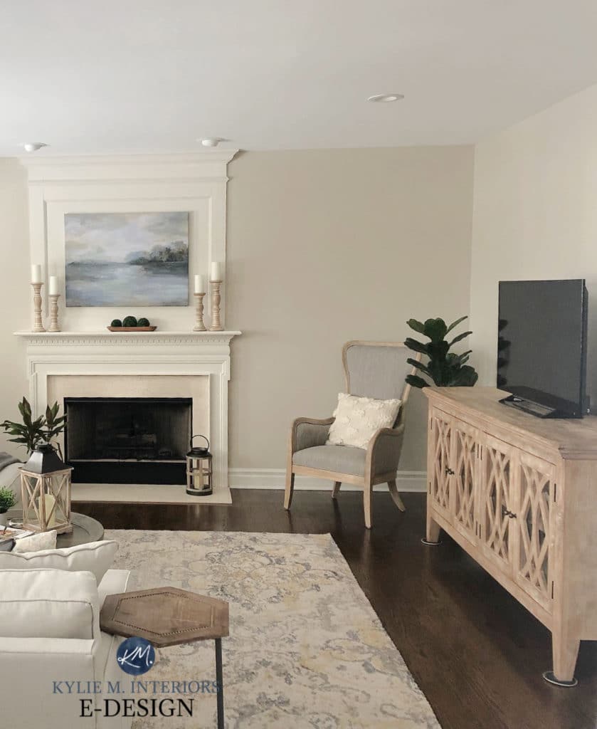Living room, dark wood flooring, cream trim, fireplace. Best greige warm neutral paint color, Benjamin Moore Edgecomb Gray. Kylie M Ed-design Online paint consultant