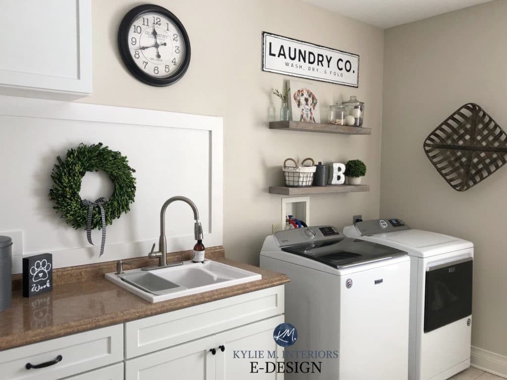 White washer and dryer in laundry room, beige tile, brown countertop. Edgecomb Gray walls. Kylie M Interiors Edesign, decorating and diy design blog