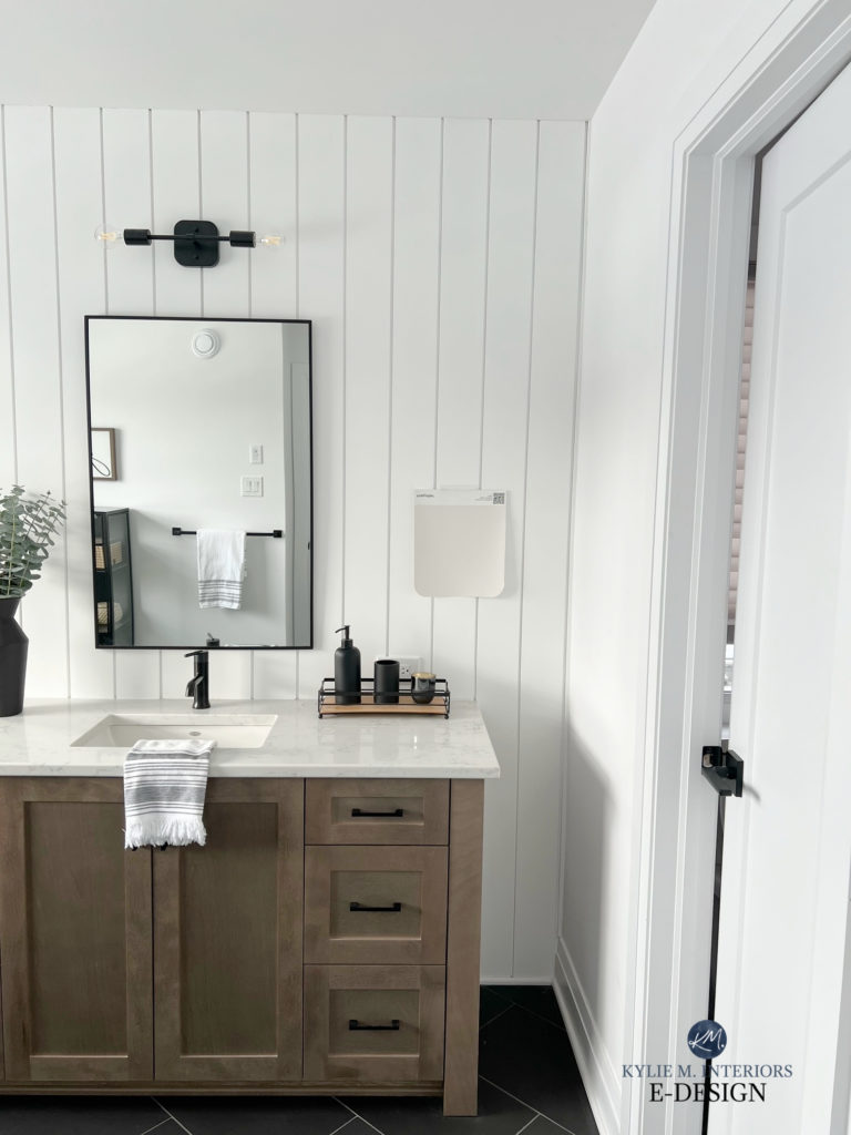 Bathroom wood vanity, Benjamin Moore Chantilly Lace white paint color on vertical feature shiplap, white quartz countertop, gray tile floor. Kylie M Interiors Edesign