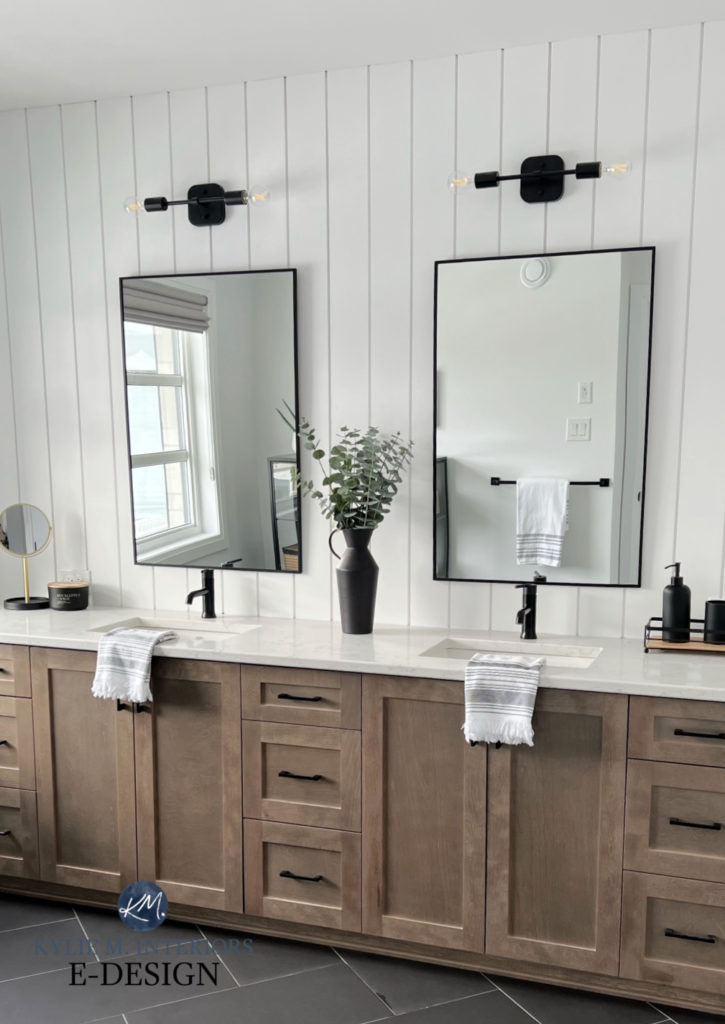 Bathroom, wood vanity, modern farmhouse style, vertical shiplap behind vanity, white quartz countertop, black hardware, lighting, faucets. Benjamin Moore Chantilly Lace. Kylie M Edesig