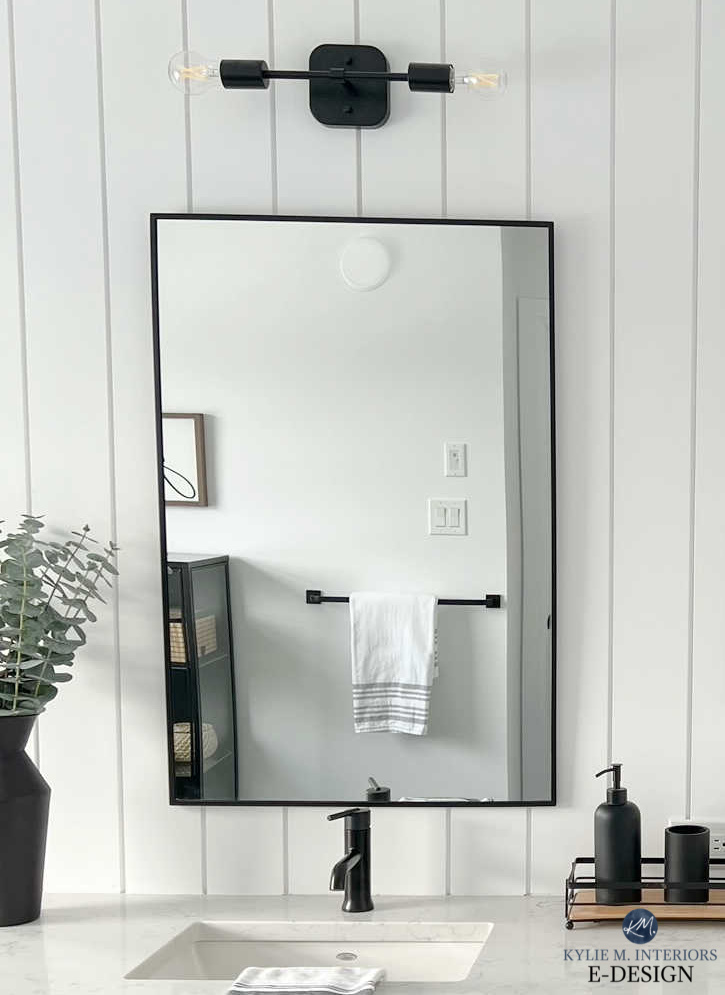 Benjamin Moore Chantilly Lace in bathroom, white vertical shiplpa behind vanity. Kylie M Interiors Edesign, diy update ideas, black accents and lighting