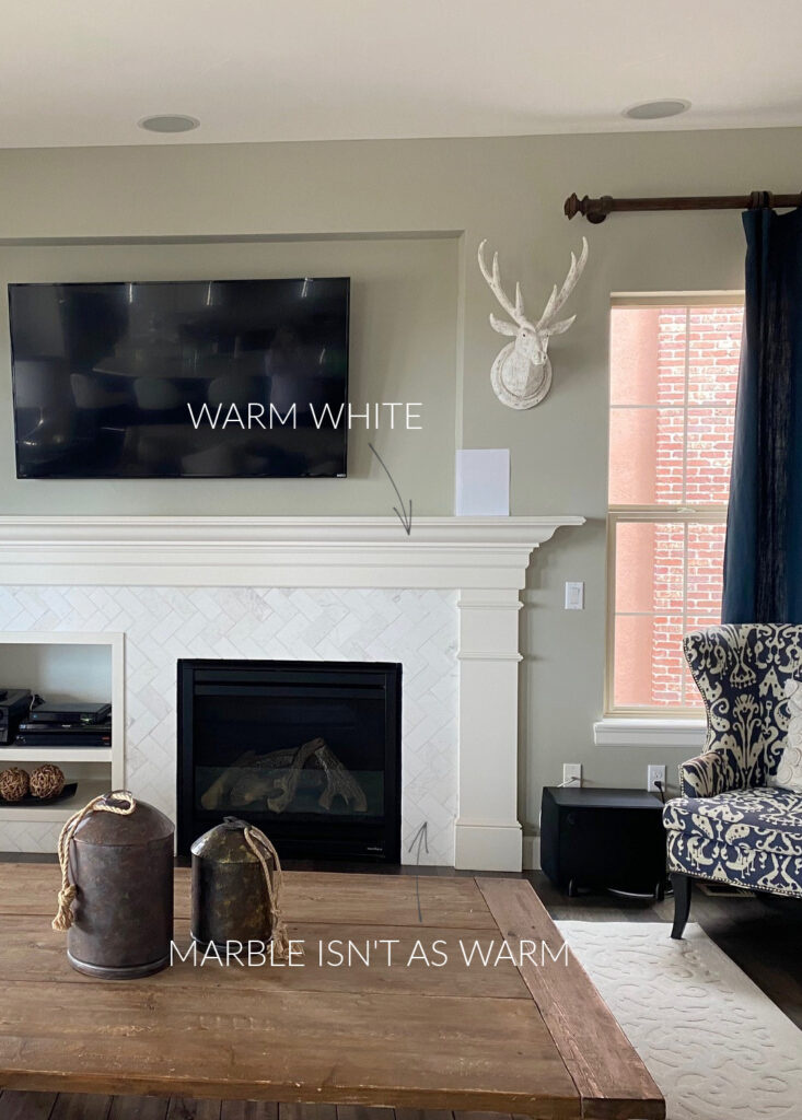 Warm white vs marble fireplace surround. Which white is best for marble, not warm. Kylie M Interiors Edesign