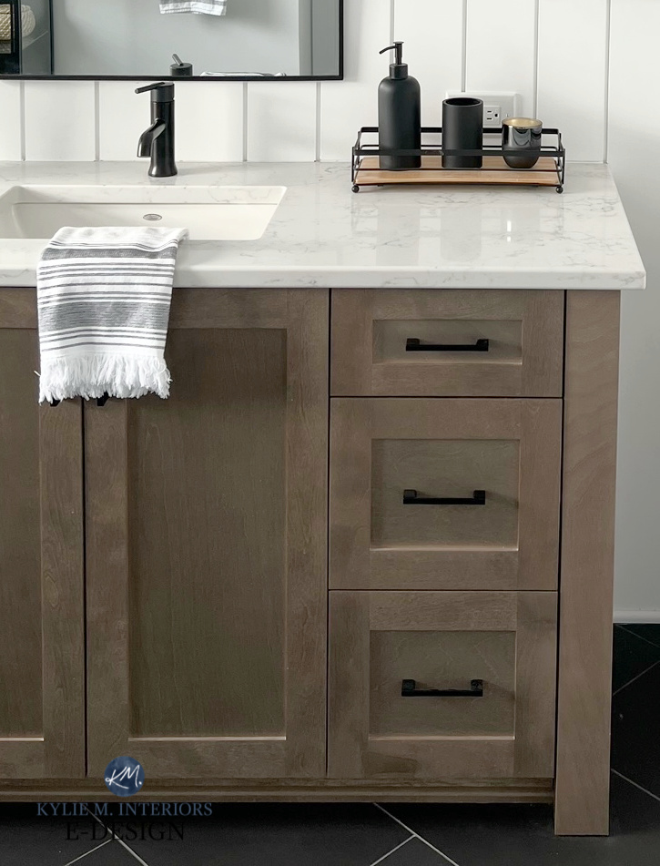 Wood vanity, white quartz marble look countertop, Benjamin Moore Chantilly Lace, black hardware and accents. Kylie M Edesign