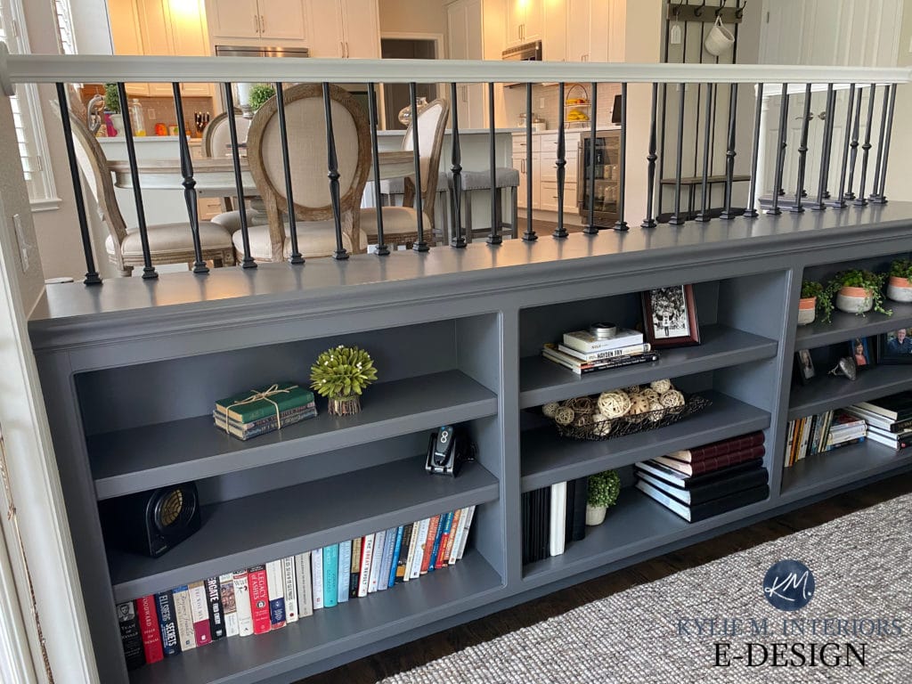 Cherry wood bookcase painted Benjamin Moore Gray, a dark charcoal colour. Kylie M Interiors Edesign