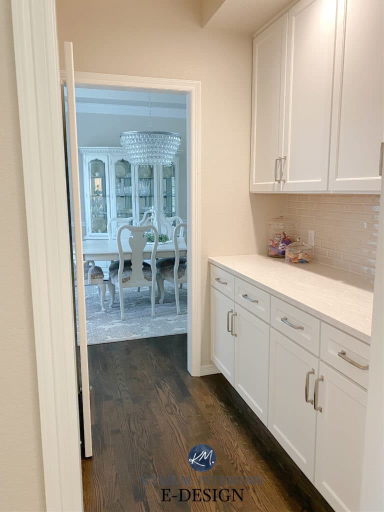 Dark oak floor, cabinets painted Benjamin Moore White Dove, walls Edgecomb Gray, Baby Fawn. Kylie M Interiors Edesign, online paint color consultant, diy blogger