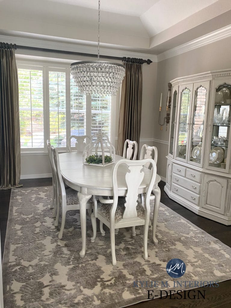Dining room, warm neutral paint colour Benjamin Moore Edgecomb Gray, traditional style. Chandelier. Kylie M Interiors Edesign